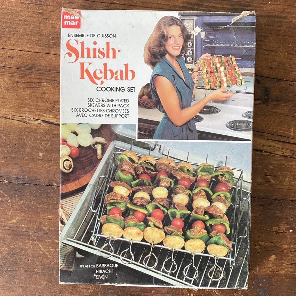 VTG Shish-Kebab Cooking Set. 13 Chrome Plated Skewers with Rack/Recipes. BBQ